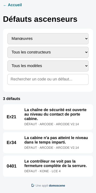 Liste des codes défauts filtrée par équipement